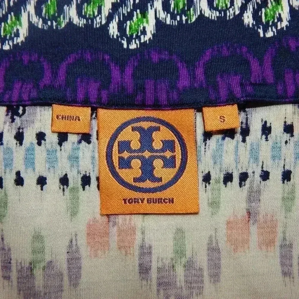 Tory Burch ARJETA Silk Dress Purple Blue Multicolor Cap Sleeve V-Neck Size Small